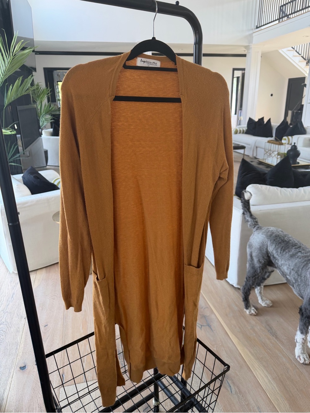 Impressions Long Open-Front Cardigan in Camel Brown